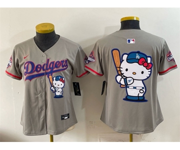 Women's Los Angeles Dodgers Team Big Logo Grey Hello Kitty Night 2025 World Series Champions Patch Stitched Baseball Jersey