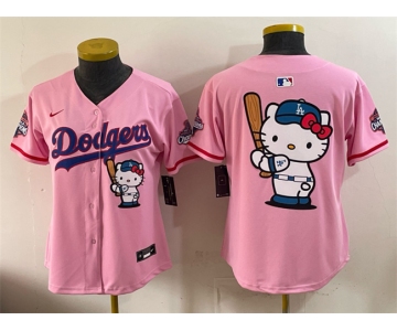 Women's Los Angeles Dodgers Team Big Logo Pink Hello Kitty Night 2025 World Series Champions Patch Stitched Baseball Jersey