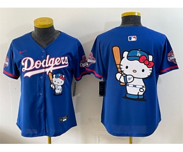 Women's Los Angeles Dodgers Team Big Logo Royal Hello Kitty Night 2025 World Series Champions Patch Stitched Baseball Jersey