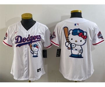 Women's Los Angeles Dodgers Team Big Logo White Hello Kitty Night 2025 World Series Champions Patch Stitched Baseball Jersey