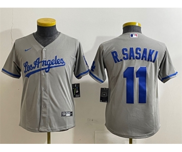 Youth Los Angeles Dodgers #11 Roki Sasaki Grey Cool Base Stitched Baseball Jerseys