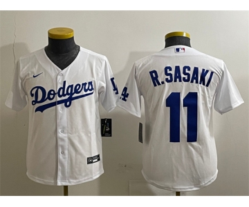 Youth Los Angeles Dodgers #11 Roki Sasaki White Cool Base Stitched Baseball Jersey