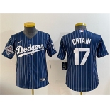 Youth Los Angeles Dodgers #17 Shohei Ohtani Navy Pinstripe 2025 World Series Champions Patch Cool Base Stitched Baseball Jersey