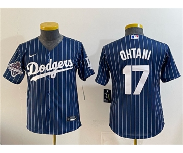 Youth Los Angeles Dodgers #17 Shohei Ohtani Navy Pinstripe 2025 World Series Champions Patch Cool Base Stitched Baseball Jersey
