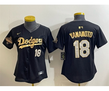 Youth Los Angeles Dodgers #18 Yoshinobu Yamamoto Black Gold 2025 World Series Champions Patch Limited Stitched Baseball Jersey