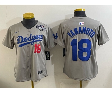 Youth Los Angeles Dodgers #18 Yoshinobu Yamamoto Grey 2025 World Series Patch Limited Stitched Baseball Jersey