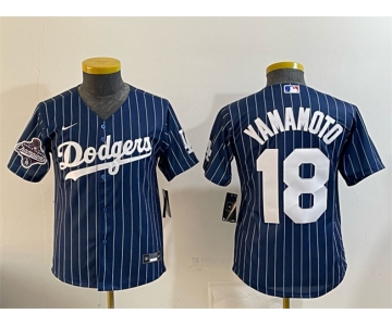 Youth Los Angeles Dodgers #18 Yoshinobu Yamamoto Navy Pinstripe 2025 World Series Champions Patch Cool Base Stitched Baseball Jersey