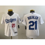 Youth Los Angeles Dodgers #21 Walker Buehler Number White Stitched Cool Base Nike Jersey