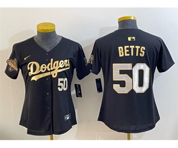 Youth Los Angeles Dodgers #50 Mookie Betts Black Gold 2025 World Series Champions Patch Limited Stitched Baseball Jersey