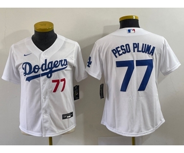 Youth Los Angeles Dodgers #77 Peso Pluma Number White Stitched Cool Base Nike Jersey