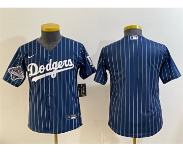 Youth Los Angeles Dodgers Blank Navy Pinstripe 2025 World Series Champions Patch Cool Base Stitched Baseball Jersey