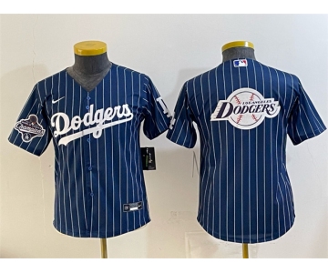 Youth Los Angeles Dodgers Team Big Logo Navy Pinstripe 2025 World Series Champions Patch Cool Base Stitched Baseball Jersey