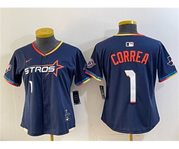Women's Houston Astros #1 Carlos Correa Navy 2025 City Connect With Texas Patch Limited Stitched Baseball Jersey