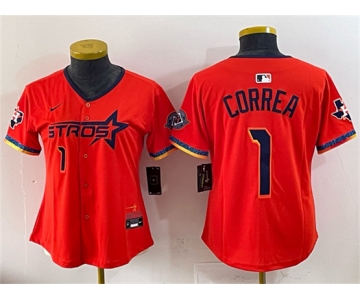 Women's Houston Astros #1 Carlos Correa Orange 2025 City Connect With Texas Patch Limited Stitched Baseball Jersey