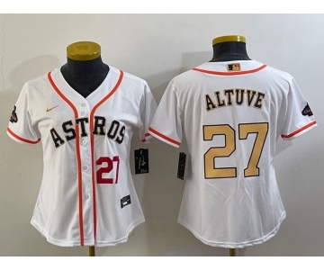 Women's Houston Astros #27 Jose Altuve Number 2023 White Gold World Serise Champions Patch Cool Base Stitched Jersey