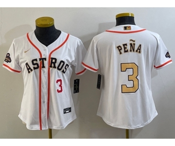 Women's Houston Astros #3 Jeremy Pena Number 2023 White Gold World Serise Champions Patch Cool Base Stitched Jerseys