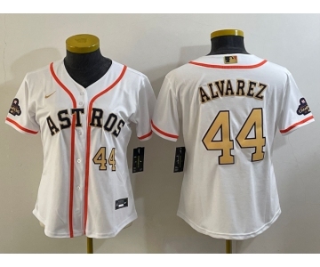 Women's Houston Astros #44 Yordan Alvarez Number 2023 White Gold World Serise Champions Patch Cool Base Stitched Jersey