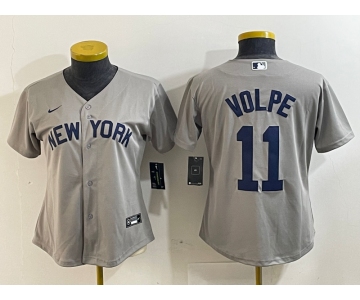 Women's New York Yankees #11 Anthony Volpe Name 2021 Grey Field of Dreams Cool Base Stitched Jersey