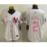 Women's New York Yankees #2 Derek Jeter White Pink Pinstripe Fashion Cool Base Jersey
