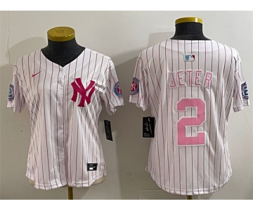 Youth New York Yankees #2 Derek Jeter White Pink Pinstripe Limited Stitched Baseball Jersey