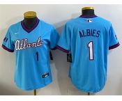 Women's Atlanta Braves #1 Ozzie Albies Powder Blue 2026 City Connect Stadium Stitched Baseball Jersey Women's Atlanta Braves #1 Ozzie Albies Powder Blue 2026 City Connect Stadium Stitched Baseball Jersey
