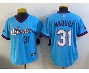 Women's Atlanta Braves #31 Greg Maddux Powder Blue 2026 City Connect Stadium Stitched Baseball Jersey Women's Atlanta Braves #31 Greg Maddux Powder Blue 2026 City Connect Stadium Stitched Baseball Jersey