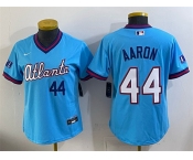 Women's Atlanta Braves #44 Hank Aaron Powder Blue 2026 City Connect Stadium Stitched Baseball Jersey Women's Atlanta Braves #44 Hank Aaron Powder Blue 2026 City Connect Stadium Stitched Baseball Jersey