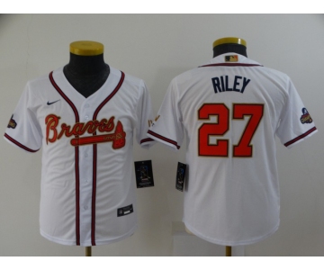 Youth Atlanta Braves #27 Austin Riley 2022 White Gold World Series Champions Program Cool Base Stitched Jersey