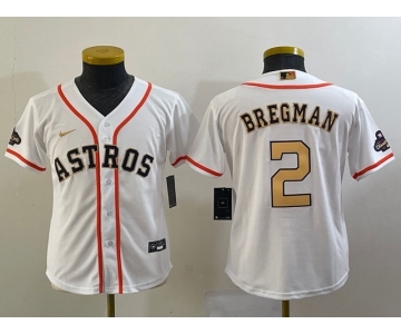 Youth Houston Astros #2 Alex Bregman 2023 White Gold World Serise Champions Patch Cool Base Stitched Jersey