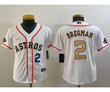 Youth Houston Astros #2 Alex Bregman Number 2023 White Gold World Serise Champions Patch Cool Base Stitched Jersey1