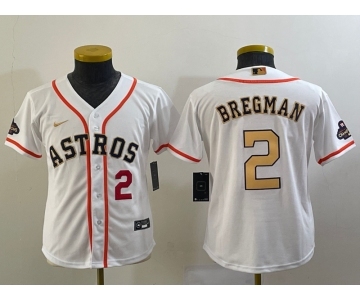 Youth Houston Astros #2 Alex Bregman Number 2023 White Gold World Serise Champions Patch Cool Base Stitched Jersey