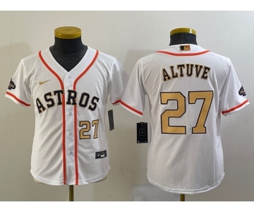 Youth Houston Astros #27 Jose Altuve Number 2023 White Gold World Serise Champions Patch Cool Base Stitched Jerseys
