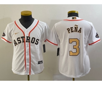 Youth Houston Astros #3 Jeremy Pena 2023 White Gold World Serise Champions Patch Cool Base Stitched Jersey