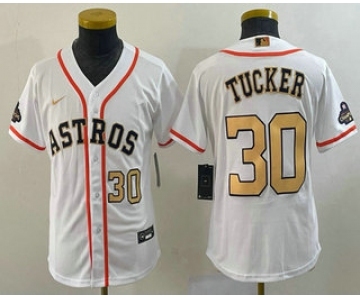 Youth Houston Astros #30 Kyle Tucker Number 2023 White Gold World Serise Champions Patch Cool Base Stitched Jerseys