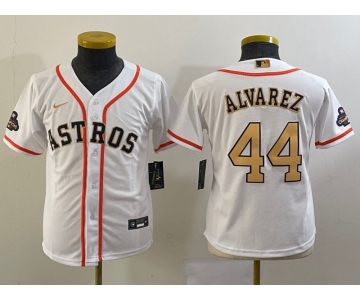 Youth Houston Astros #44 Yordan Alvarez 2023 White Gold World Serise Champions Patch Cool Base Stitched Jersey