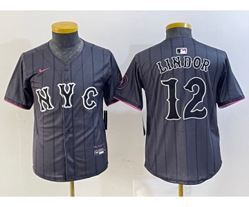 Youth New York Mets #12 Francisco Lindor Grey 2024 City Connect Cool Base Stitched Jersey