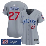 Women's Chicago Cubs #27 Seiya Suzuki Gray 'Ryne Sandberg Tribute' Vapor Limited V3 Stitched Baseball Jersey Women's Chicago Cubs #27 Seiya Suzuki Gray 'Ryne Sandberg Tribute' Vapor Limited V3 Stitched Baseball Jersey