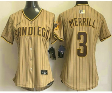 Women's San Diego Padres #3 Jackson Merrill Khaki Pinstripe Limited Stitched Jersey