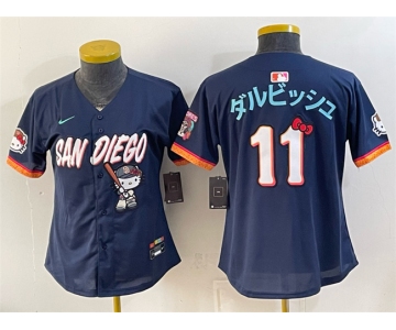 Women's San Diego Padres X Hello Kitty #11 ダルビッシュ Obsidian 2026 City Connect Stadium Stitched Baseball Jersey