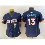 Women's San Diego Padres X Hello Kitty #13 Manny Machado Obsidian 2026 City Connect Stadium Stitched Baseball Jersey Women's San Diego Padres X Hello Kitty #13 Manny Machado Obsidian 2026 City Connect Stadium Stitched Baseball Jersey
