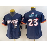 Women's San Diego Padres X Hello Kitty #23 Fernando Tatis Jr. Obsidian 2026 City Connect Stadium Stitched Baseball Jersey Women's San Diego Padres X Hello Kitty #23 Fernando Tatis Jr. Obsidian 2026 City Connect Stadium Stitched Baseball Jersey