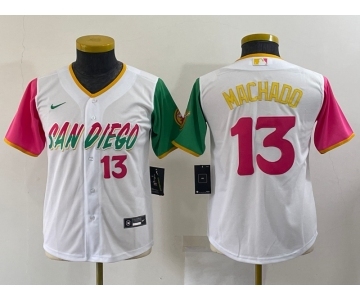 Youth San Diego Padres #13 Manny Machado White Number 2022 City Connect Cool Base Stitched Jersey