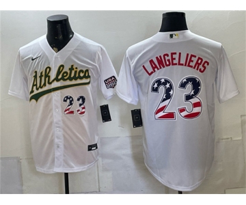 Men's Oakland Athletics #23 Shea Langeliers White 250 Fourth of July Home Stadium Stitched Baseball Jersey