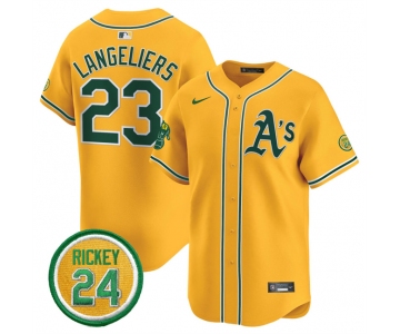 Men's Oakland Athletics #23 Shea Langeliers Yellow 2024 Limited With Rickey Henderson Patch Stitched Jersey