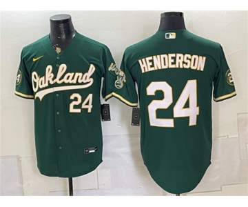 Men's Oakland Athletics #24 Rickey Henderson Green With Patch Stitched Jersey