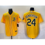 Men's Oakland Athletics #24 Rickey Henderson Yellow With Patch Stitched Baseball Jersey Men's Oakland Athletics #24 Rickey Henderson Yellow With Patch Stitched Baseball Jersey