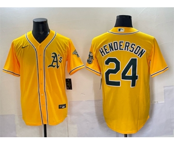 Men's Oakland Athletics #24 Rickey Henderson Yellow With Patch Stitched Baseball Jersey