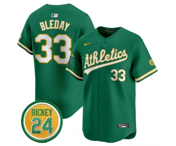 Men's Oakland Athletics #33 JJ Bleday Green 2024 Limited With Rickey Henderson Patch Stitched Jersey