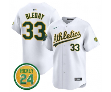 Men's Oakland Athletics #33 JJ Bleday White 2024 Home Limited With Rickey Henderson Patch Stitched Jersey