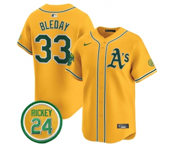 Men's Oakland Athletics #33 JJ Bleday Yellow 2024 Limited With Rickey Henderson Patch Stitched Jersey